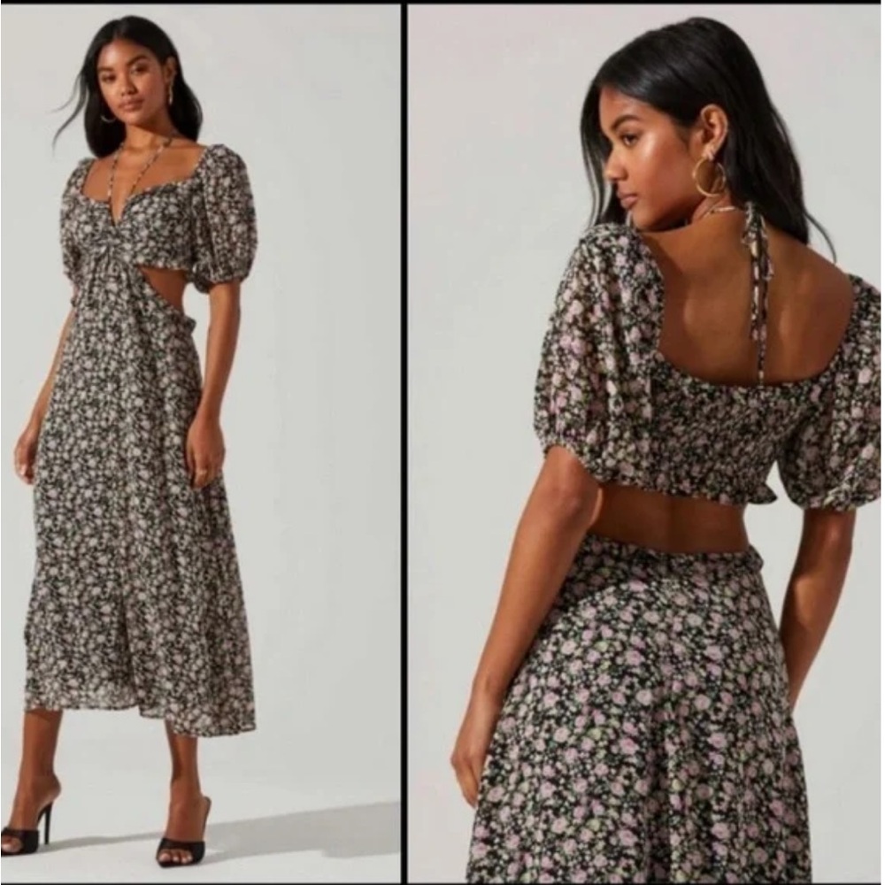 ASTR the label black lilac ditsy floral midi dress size small